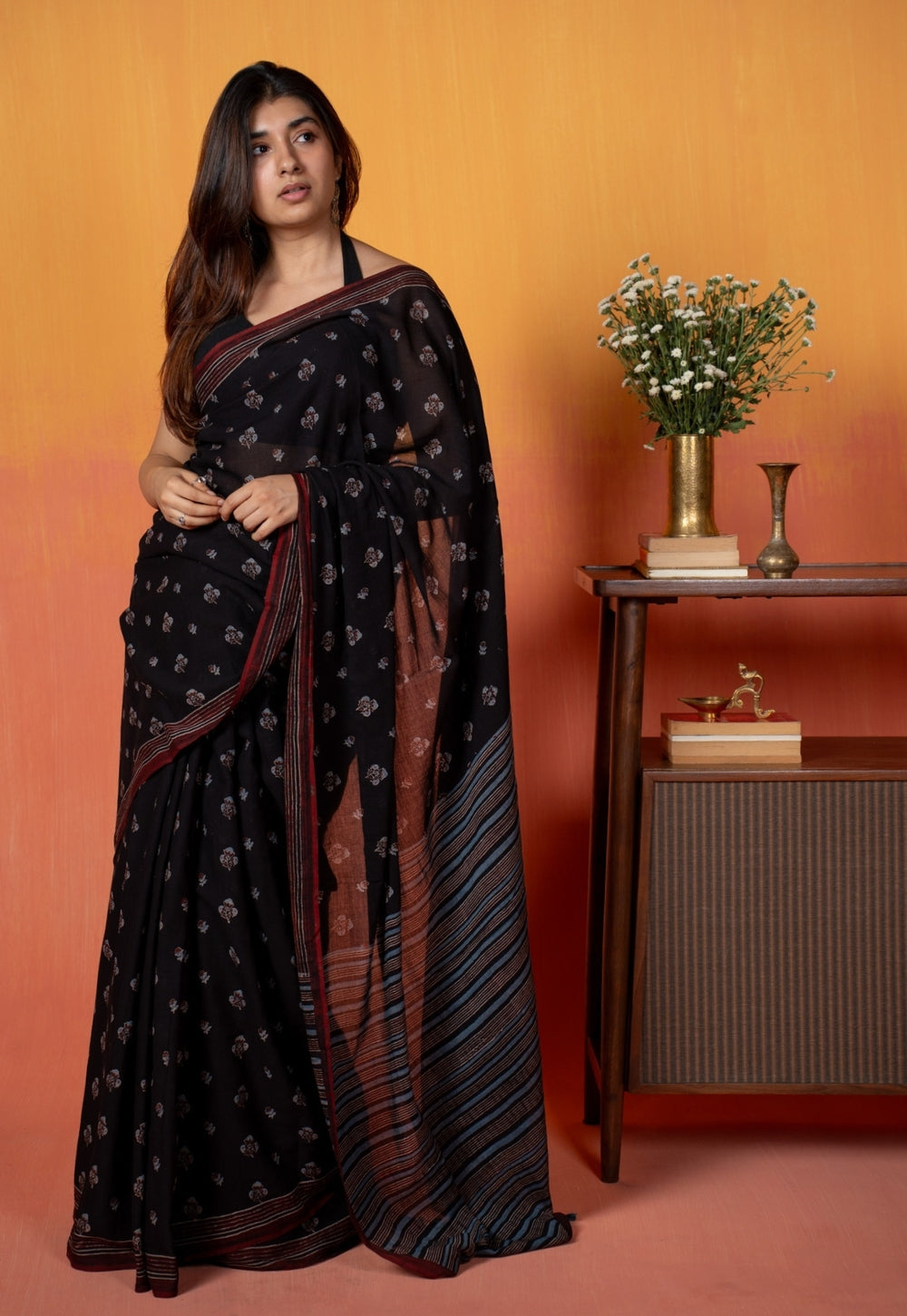 Black Floral Butti Ajrakh Hand Block Print Mul Saree