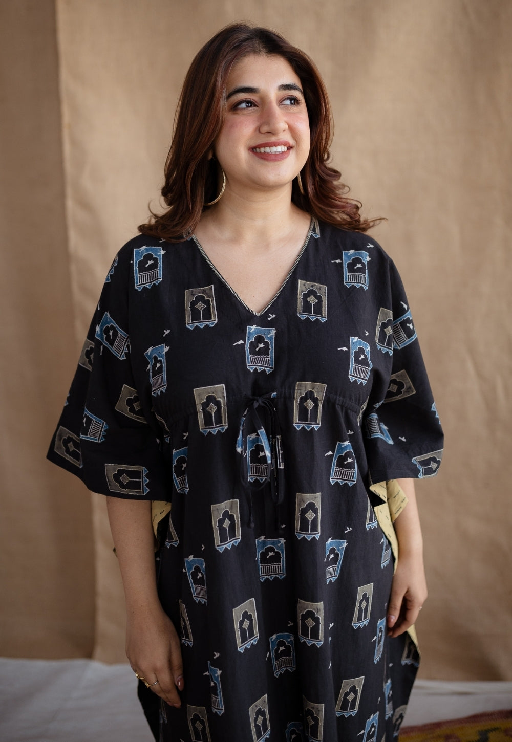 Sona Charcoal Ajrakh Cotton Anti-Fit Kaftan