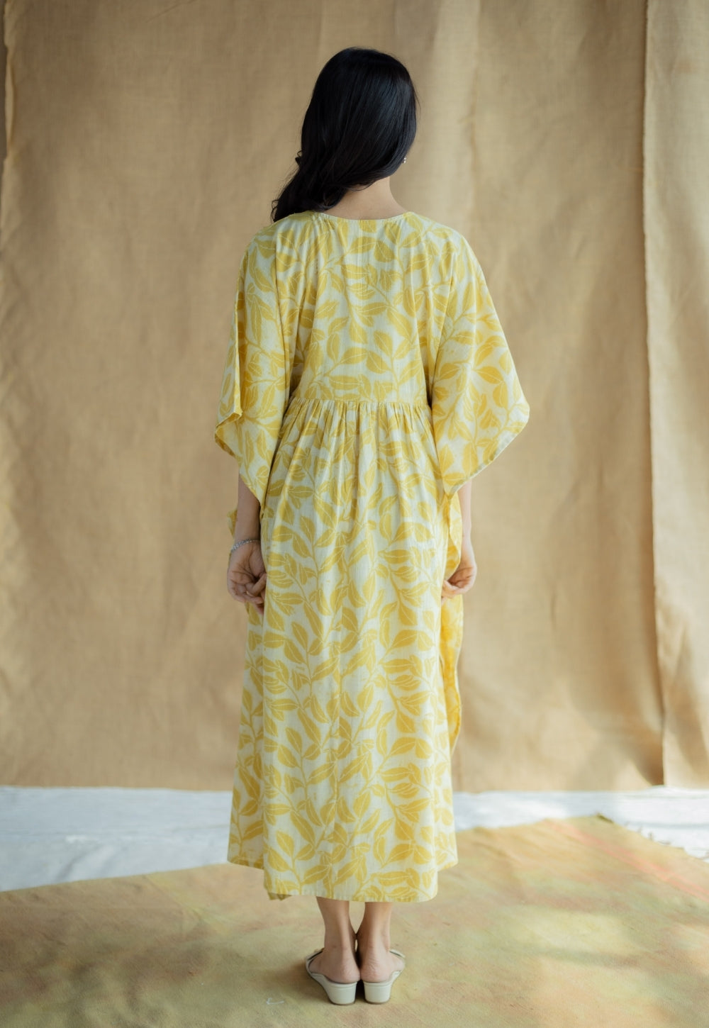 Ifrah Mustard Hand Block Print Slub Cotton Anti-Fit Kaftan