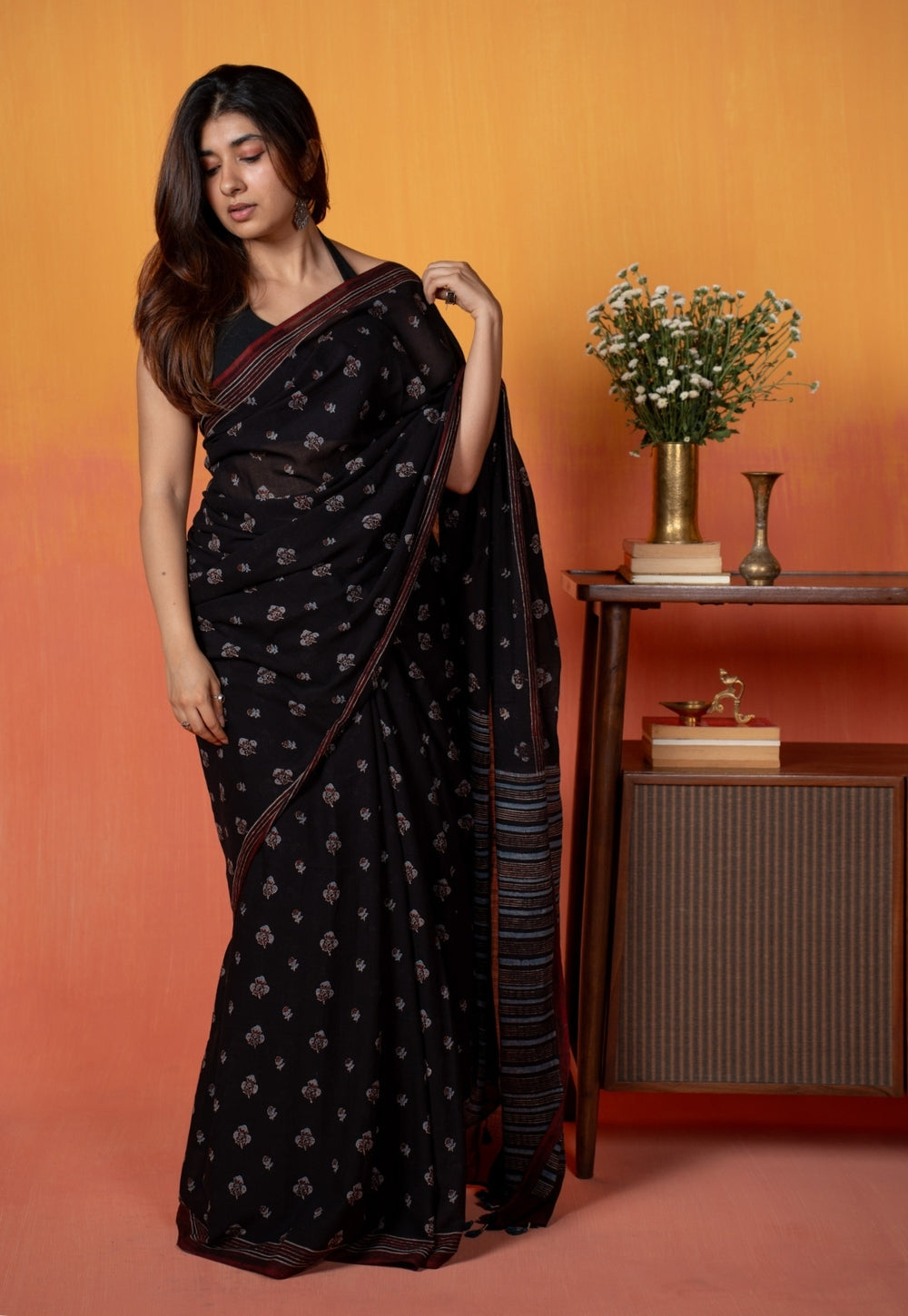 Black Floral Butti Ajrakh Hand Block Print Mul Saree