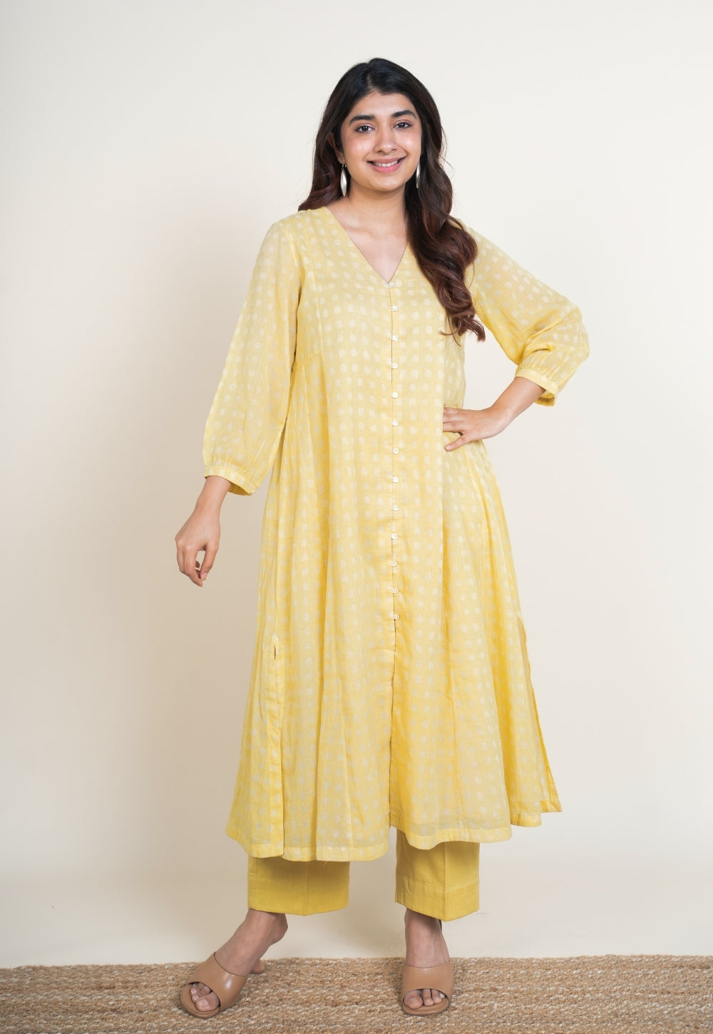 Zeba Yellow Batik MulMul A Line Kurta