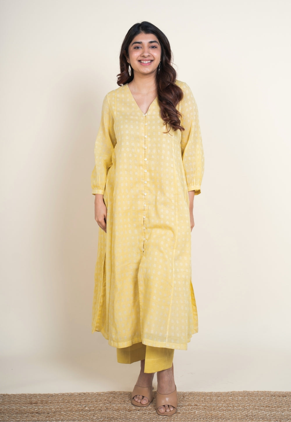 Zeba Yellow Batik MulMul A Line Kurta