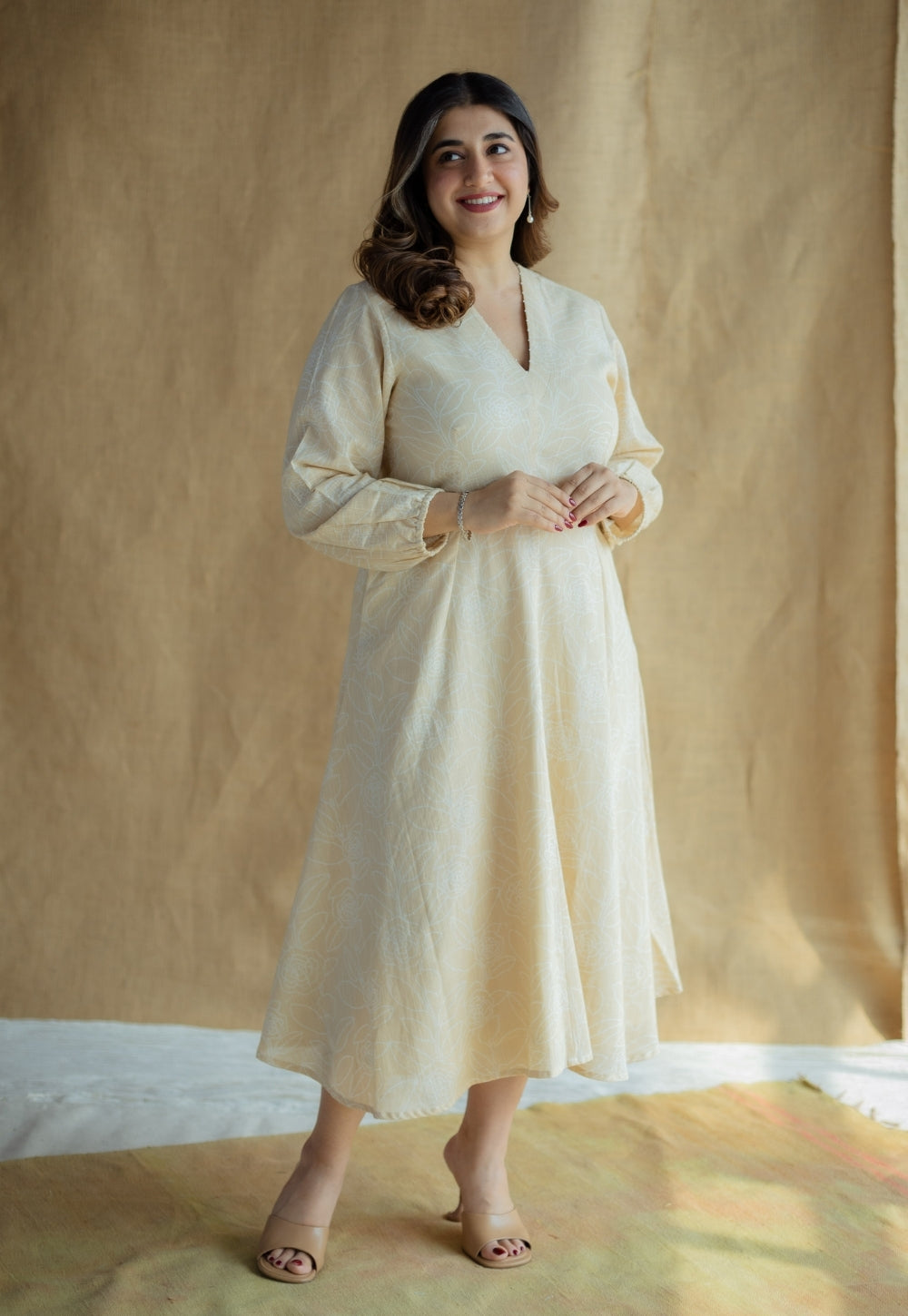 Eyza Cream Hand Block Print Slub Cotton A Line Dress with Hand Embroidery
