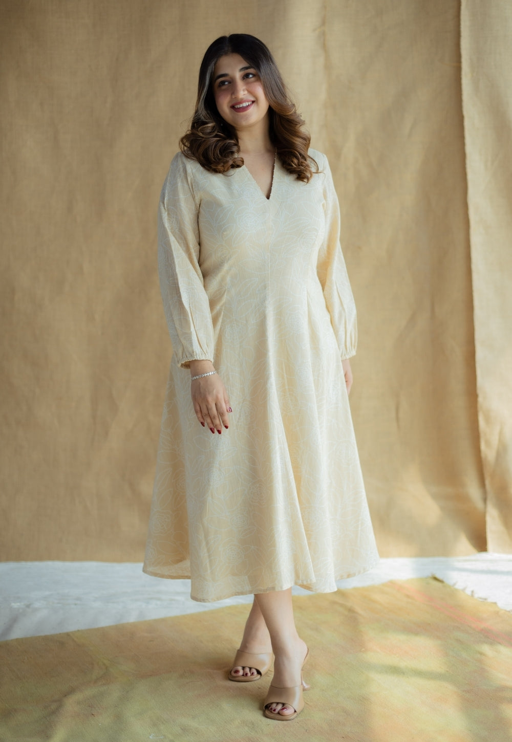 Eyza Cream Hand Block Print Slub Cotton A Line Dress with Hand Embroidery
