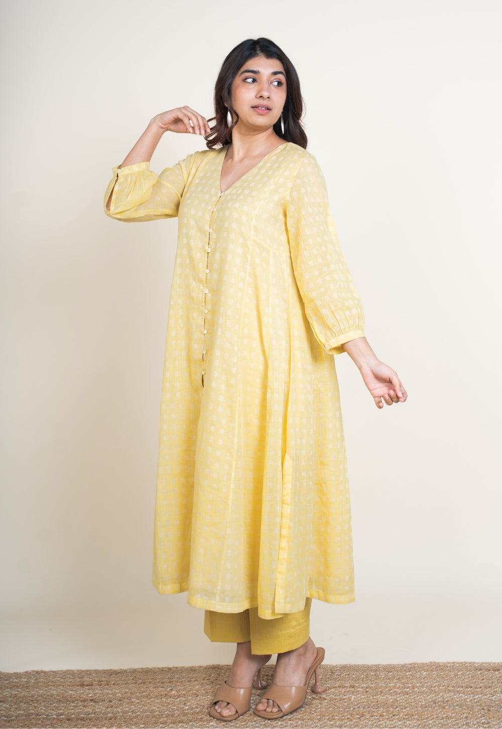 Zeba Yellow Batik MulMul A Line Kurta