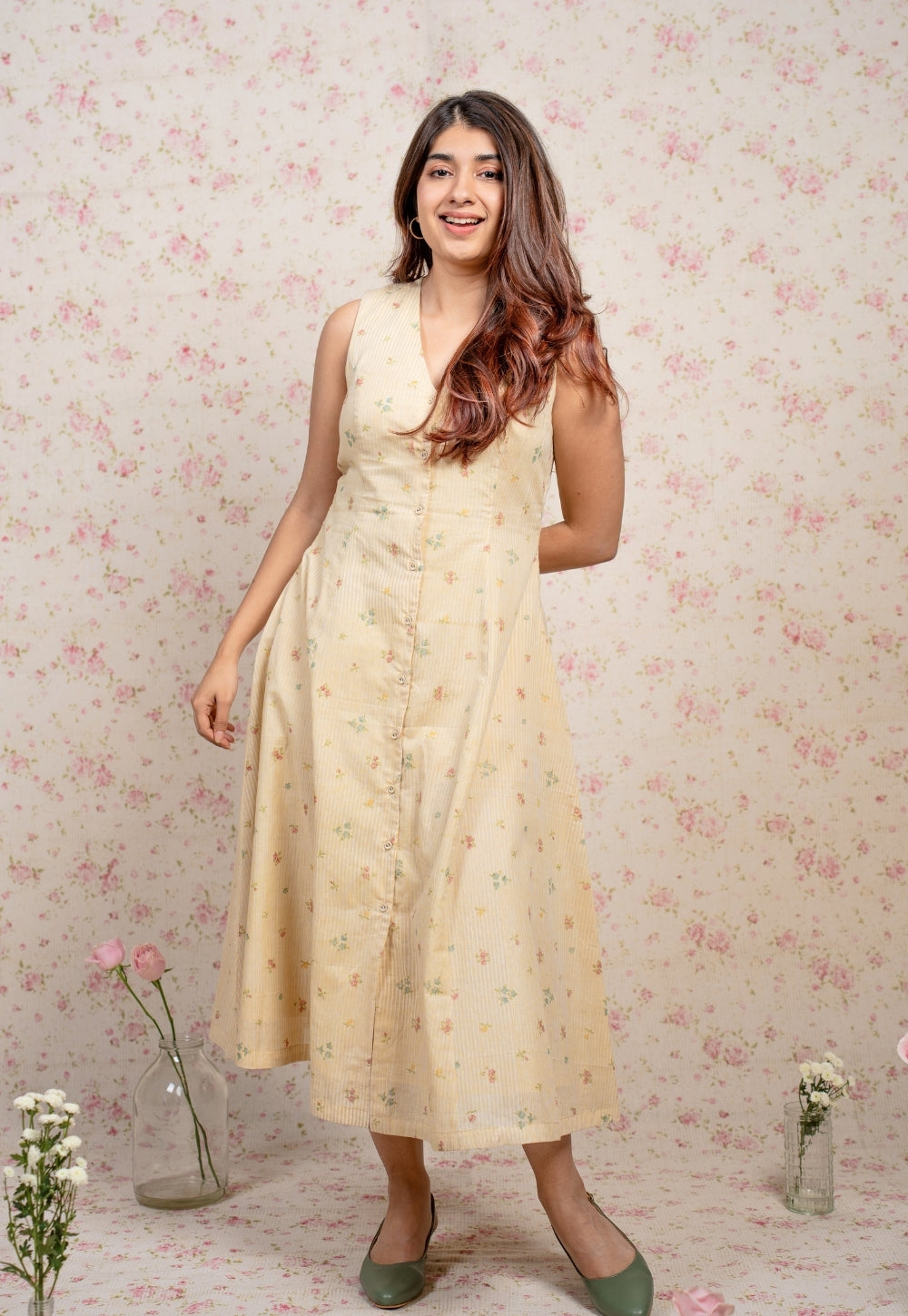Nancy Yellow Sanganeri Mul Cotton A Line Dress