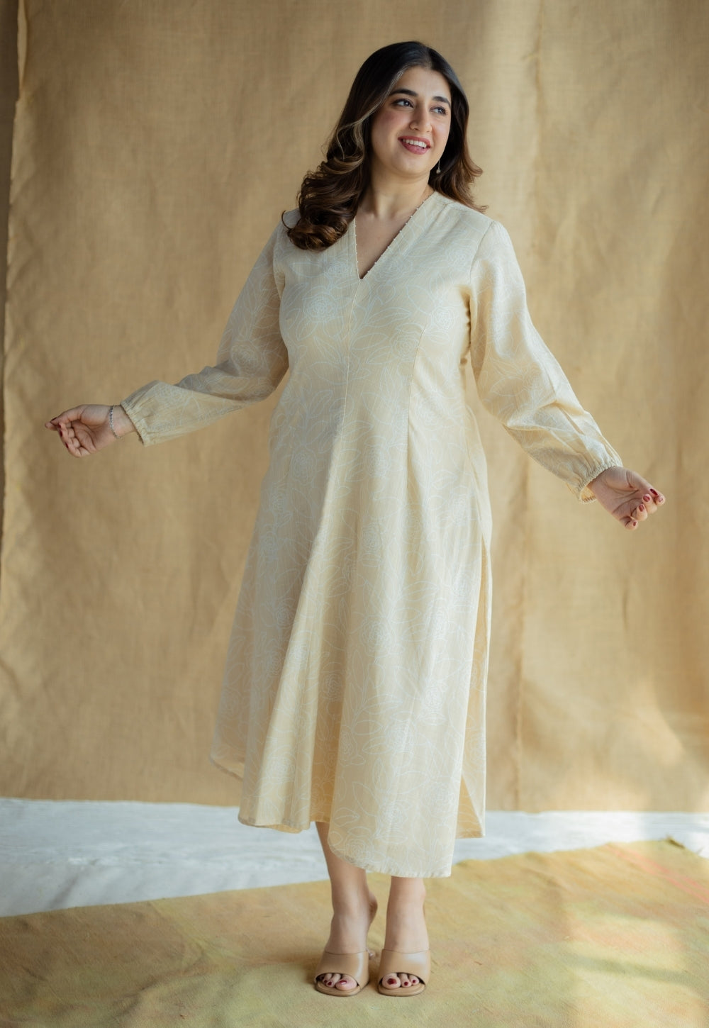 Eyza Cream Hand Block Print Slub Cotton A Line Dress with Hand Embroidery