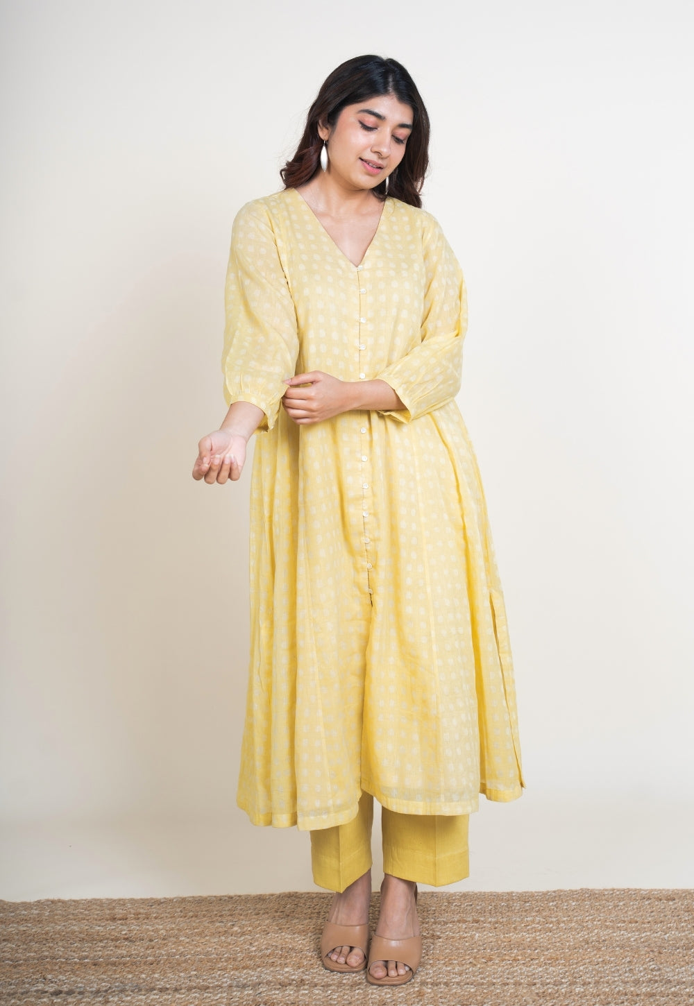 Zeba Yellow Batik MulMul A Line Kurta