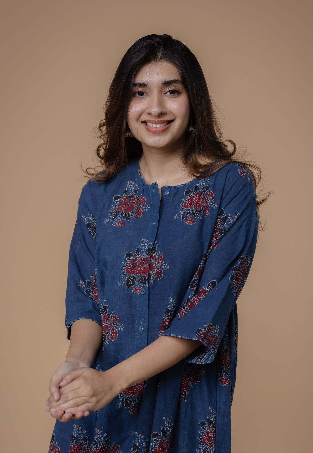 Naila Blue Dabu Slub Cotton Kali Kurta
