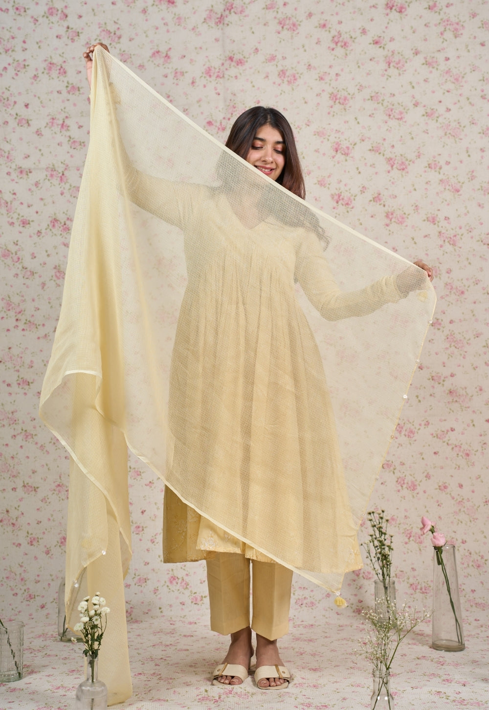 Amy Yellow Sanganeri Mul Cotton A Line Suit Set (Set of 3)