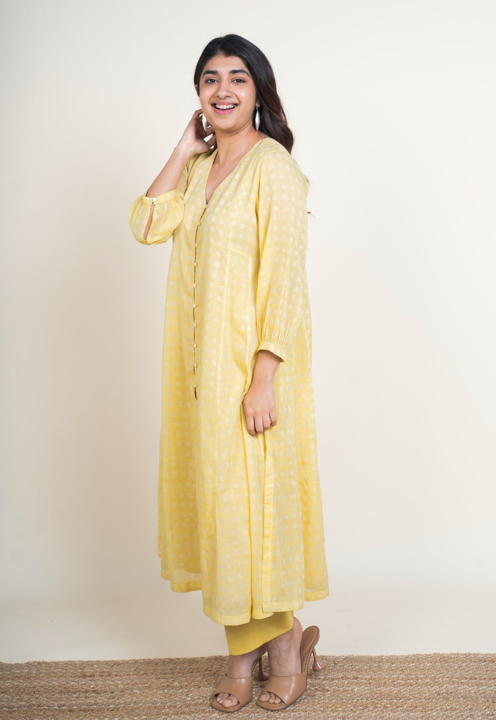 Zeba Yellow Batik MulMul A Line Kurta