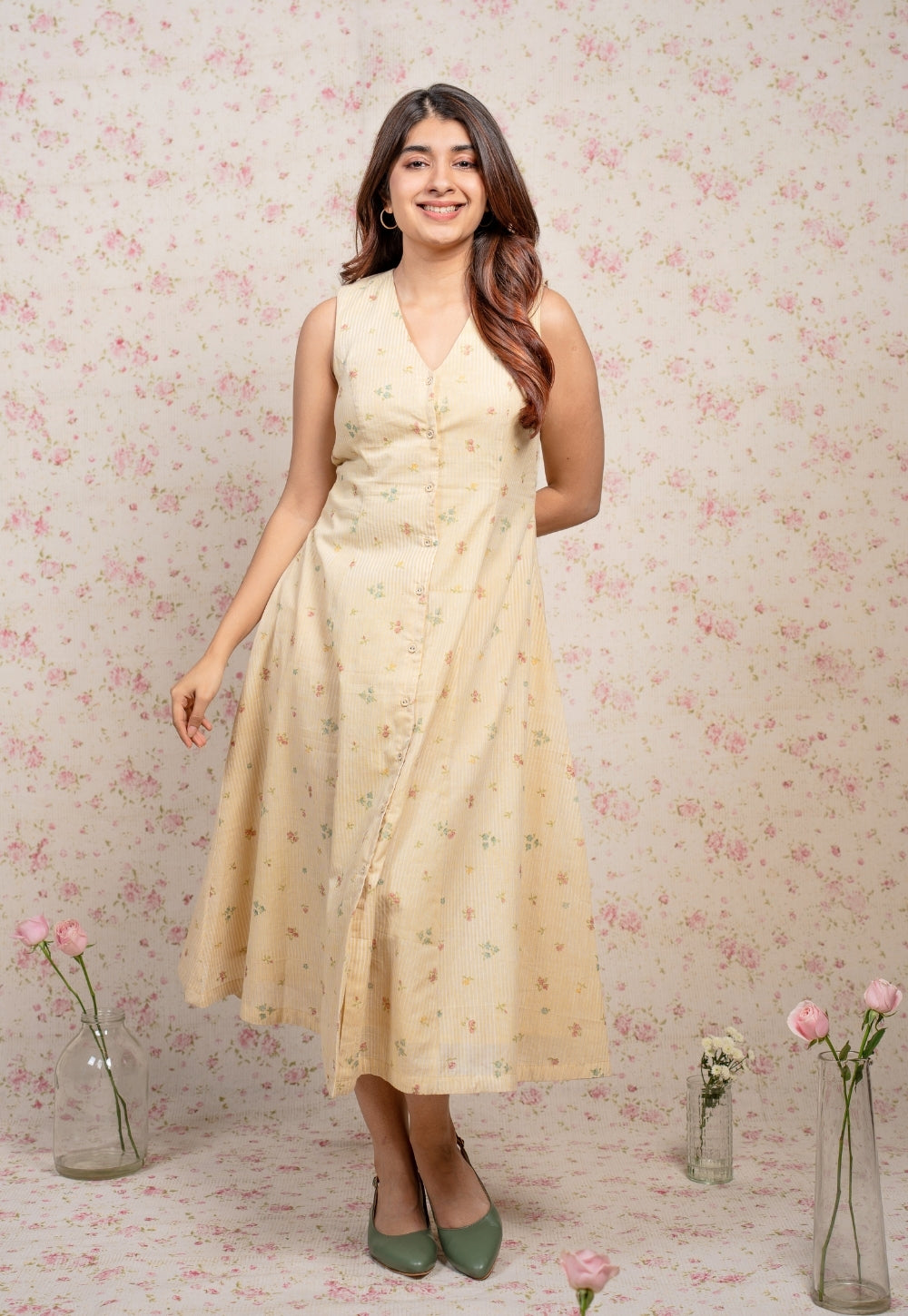 Nancy Yellow Sanganeri Mul Cotton A Line Dress