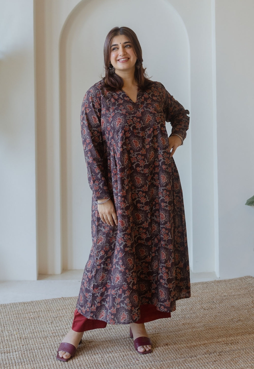 Yami Red Solid Slub Cotton Palazzo