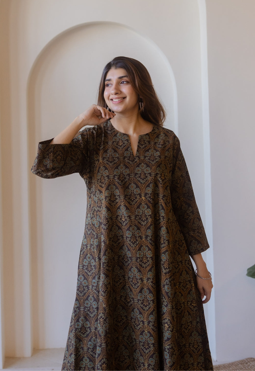Nyra Brown Ajrakh Cotton Jhabbha Kali Kurta