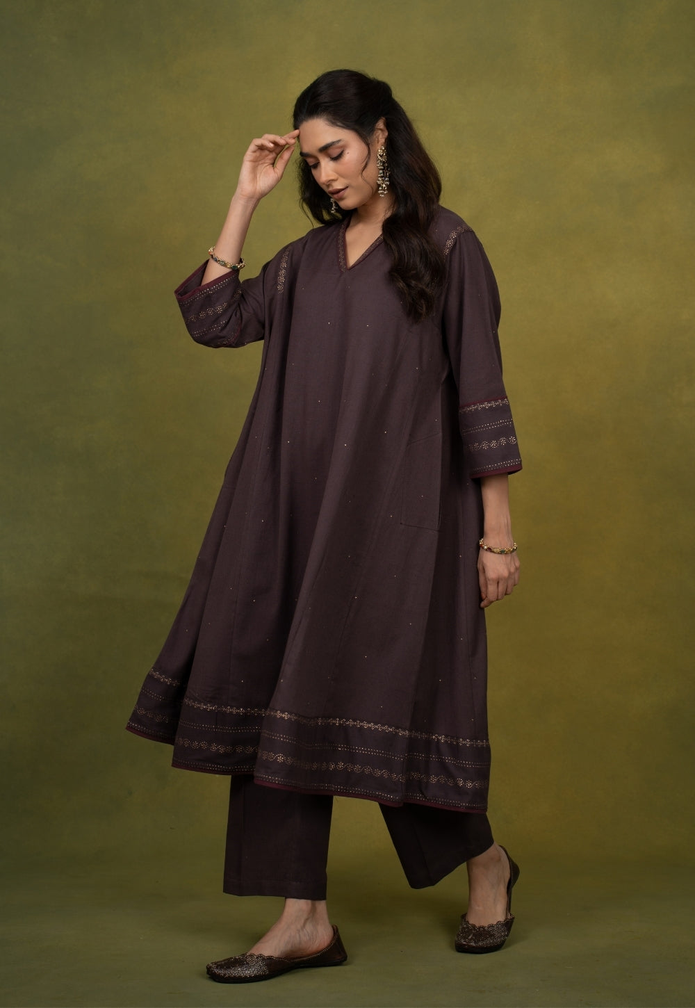 Zohra Aubergine Rogan Handblock Printed Cotton Jhabbha Kali Kurta Suit Set (Set of 3)