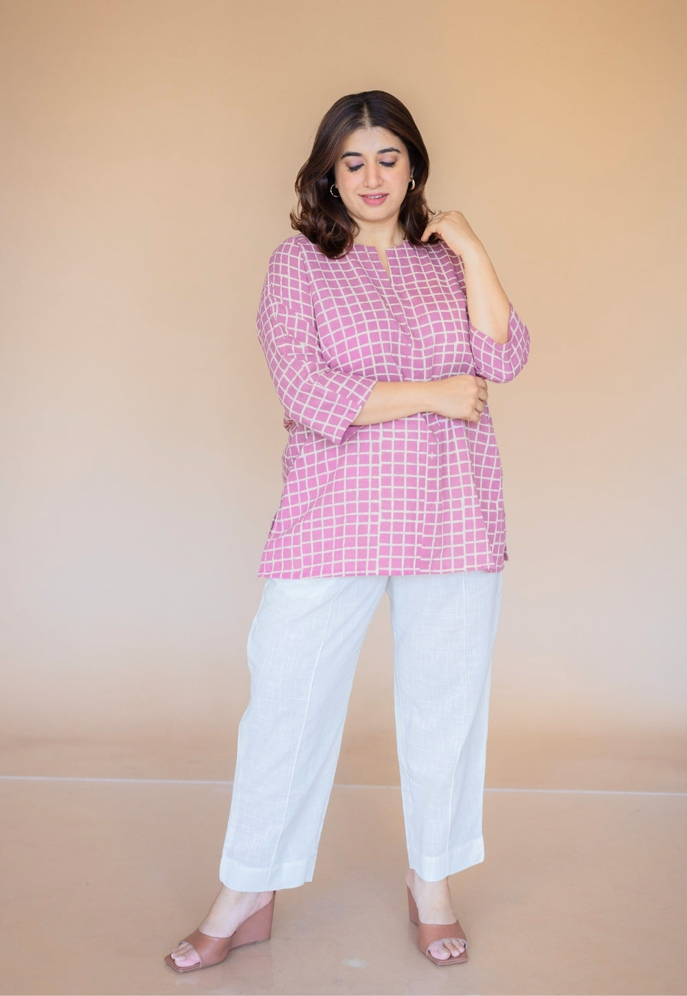 Lyla Pink Hand Block Print Slub Cotton Straight Short Top