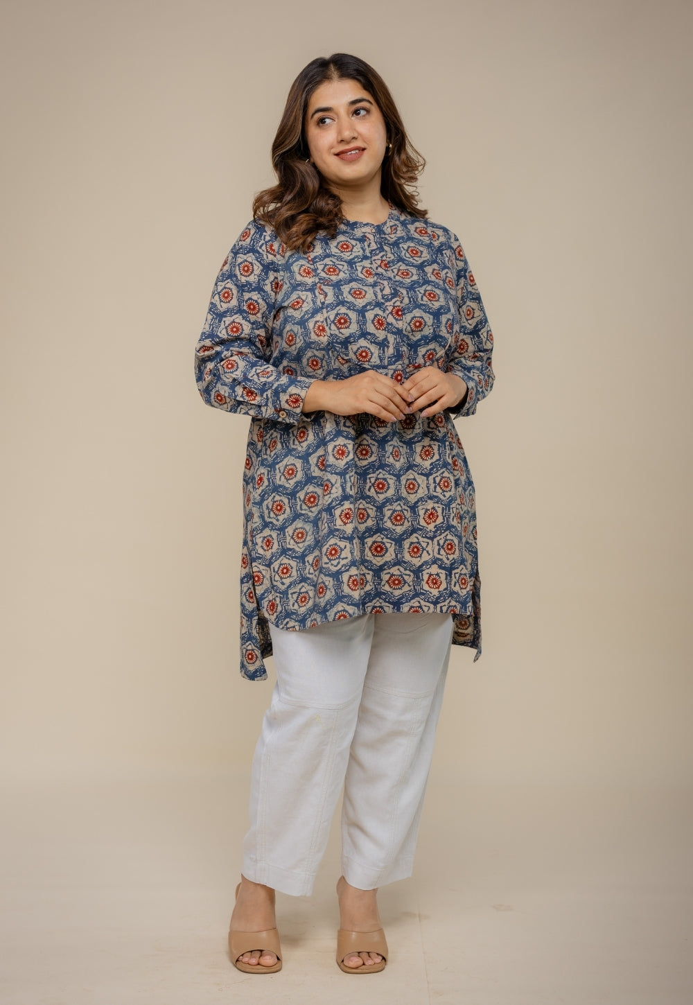 Naaz Blue Ajrakh Cotton A Line Short Top