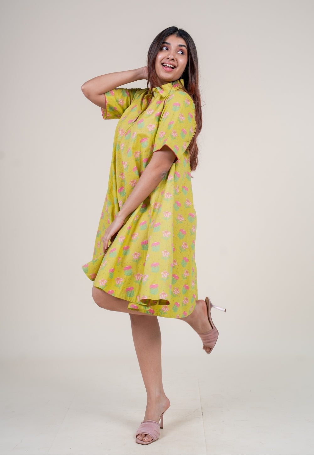 Srisha Lime Green Printed Cotton A Line Dress