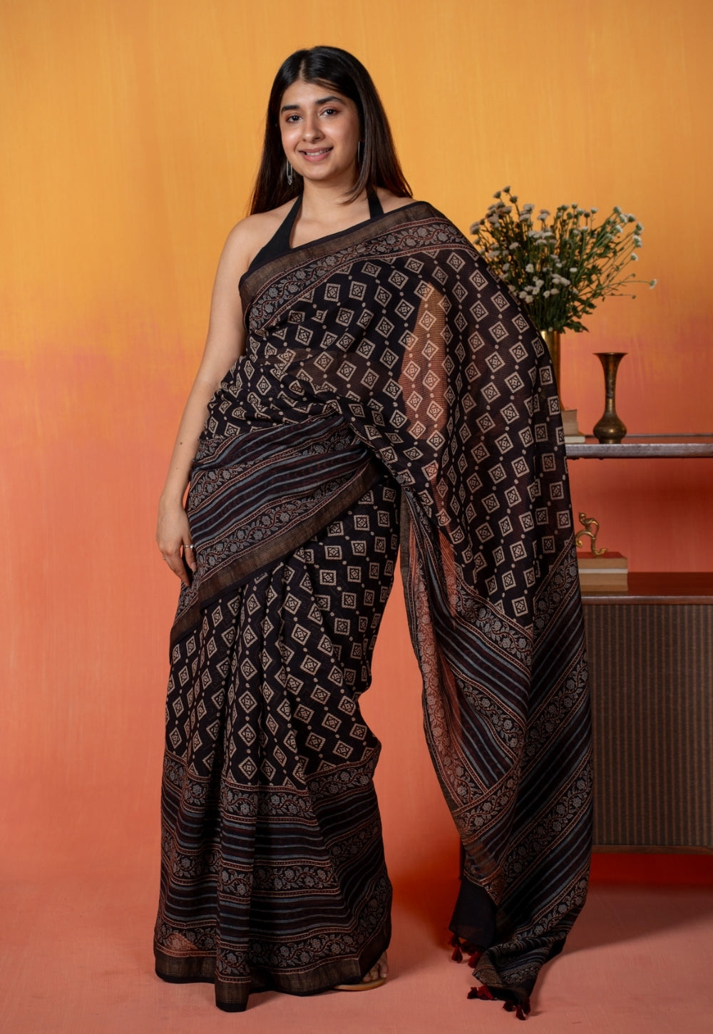 Black Aztec Ajrakh Hand Block Print Maheshwari Saree
