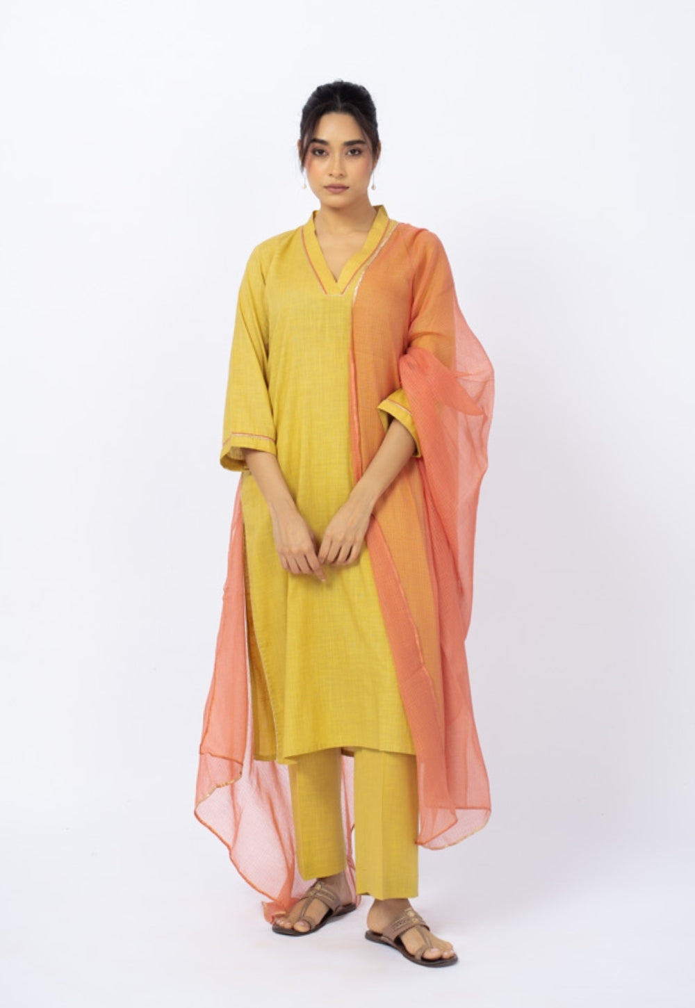 Zeenat Yellow Solid Slub Cotton Straight Kurta Suit Set with Solid Dupatta (Set of 3)