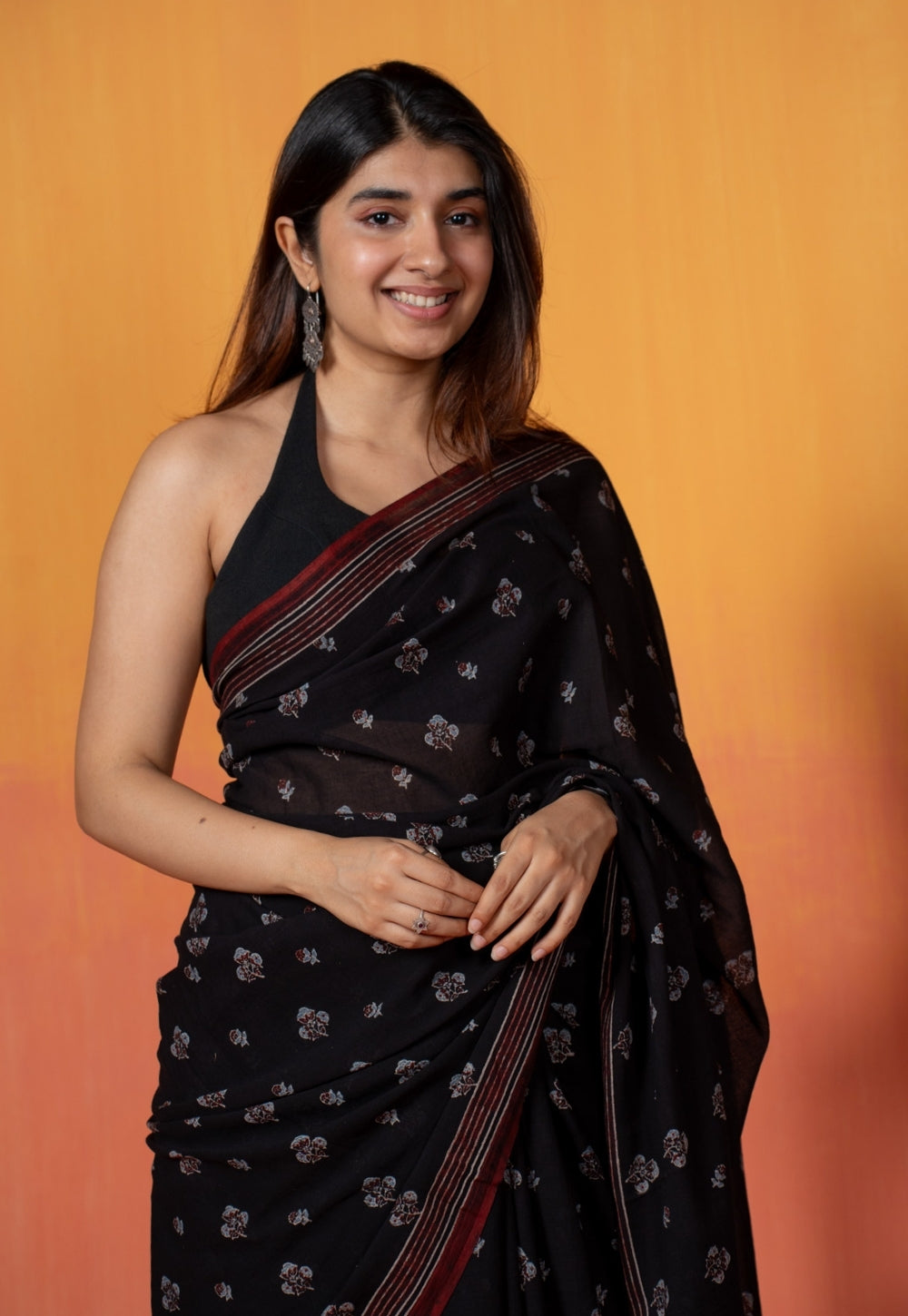 Black Floral Butti Ajrakh Hand Block Print Mul Saree