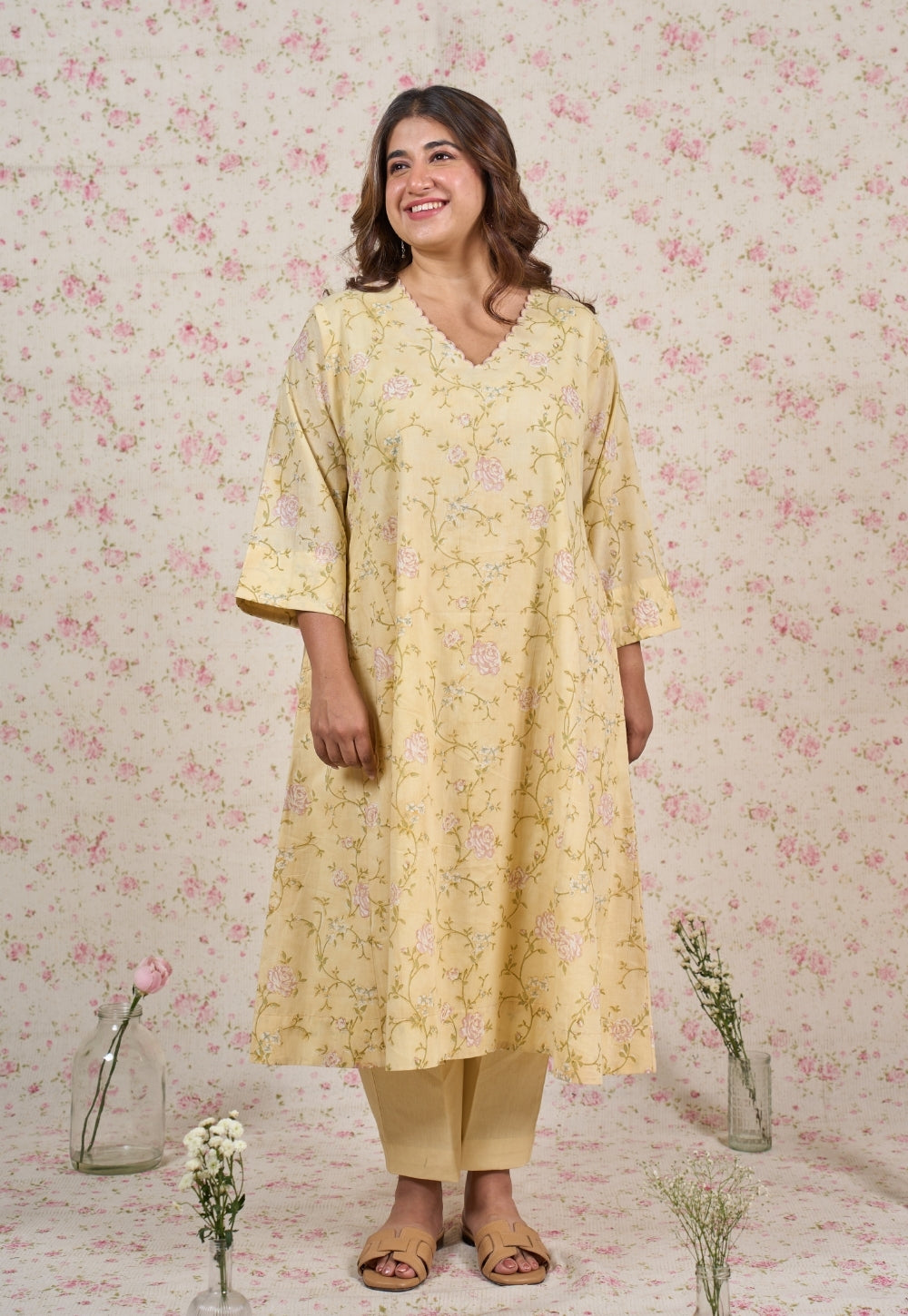 Helen Yellow Sanganeri Mul Cotton Jhabbha Embroidered Kali Kurta Set (Set of 2)