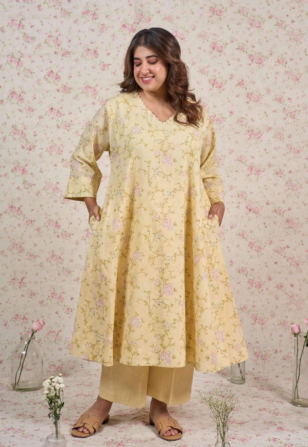 Helen Yellow Sanganeri Mul Cotton Jhabbha Kali Kurta with Embroidery
