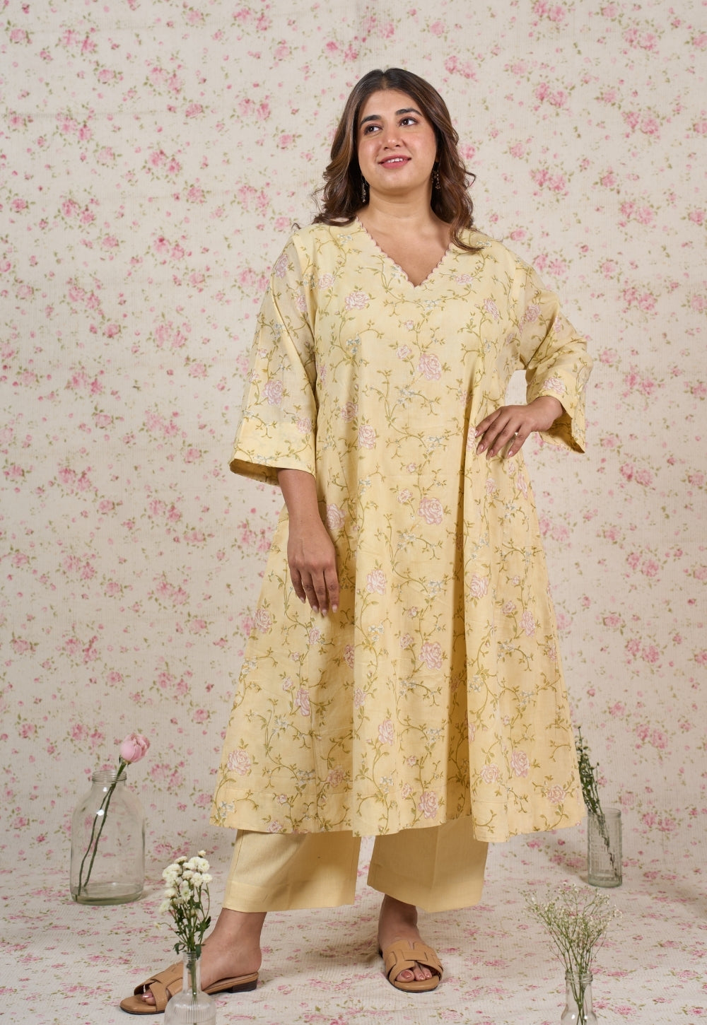 Helen Yellow Sanganeri Mul Cotton Jhabbha Kali Kurta with Embroidery