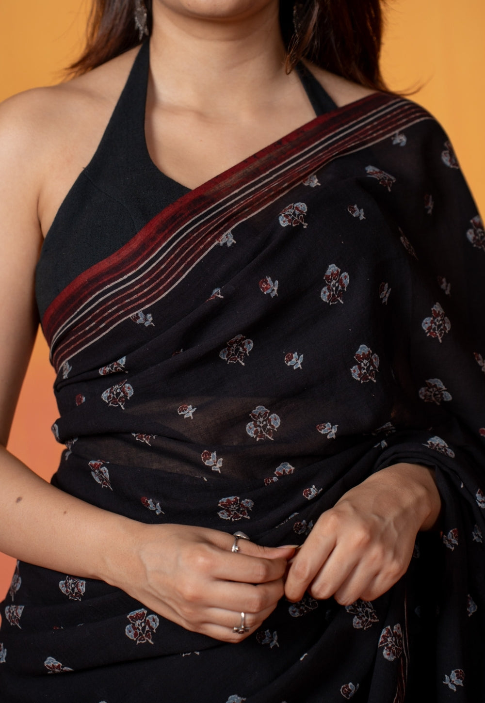 Black Floral Butti Ajrakh Hand Block Print Mul Saree