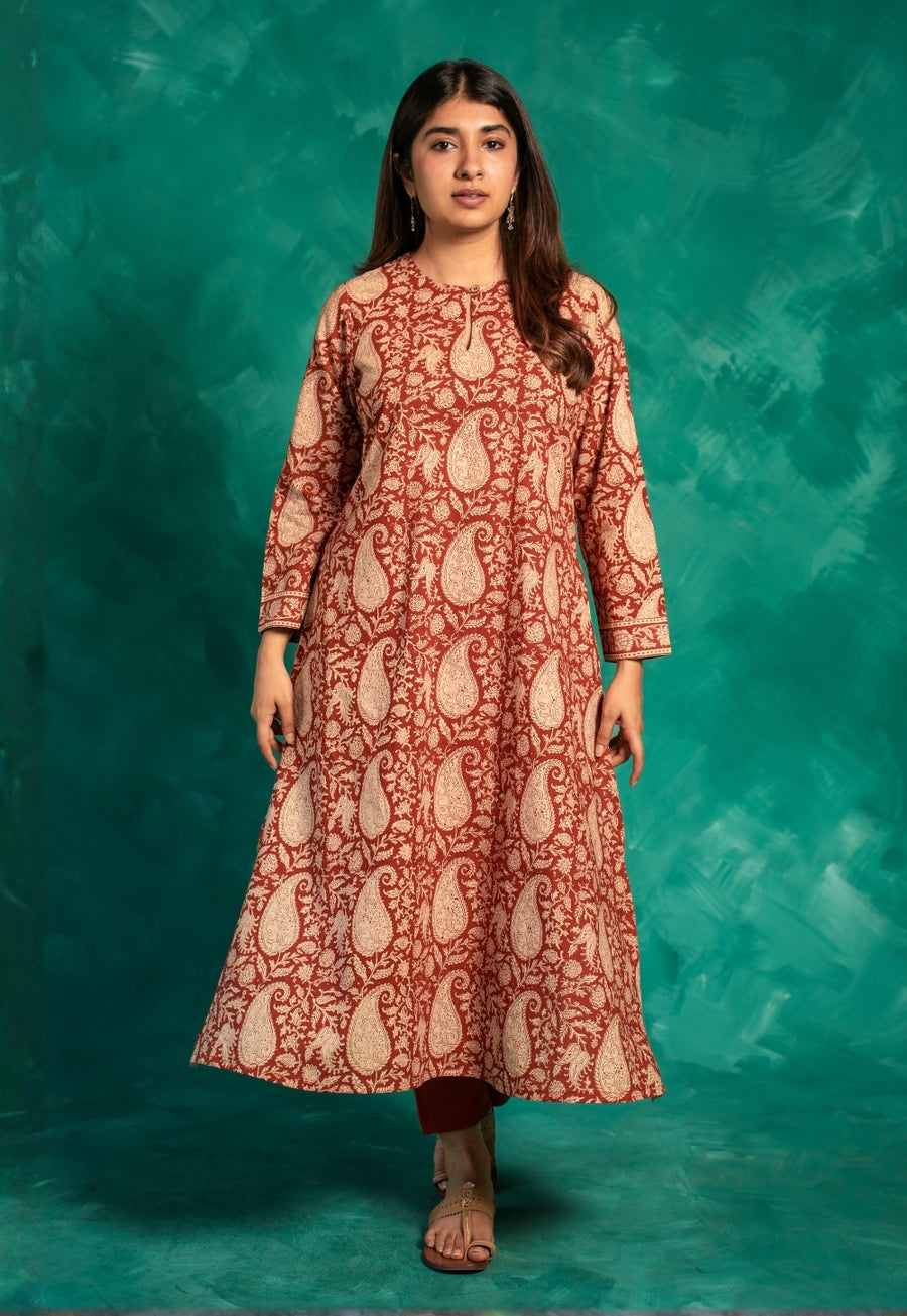 Zoohi Red Bagru Cotton A Line Kurta