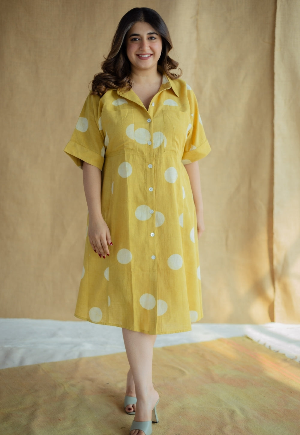 Falak Mustard Hand Block Print Slub Cotton A Line Dress