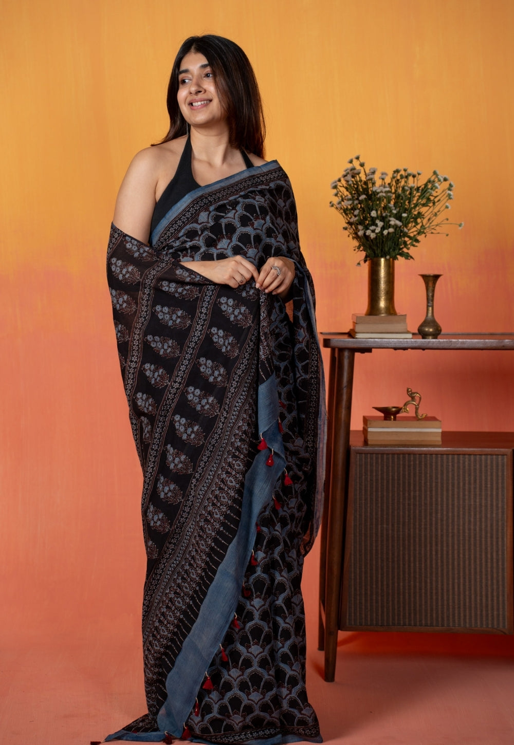 Black Clamshell Ajrakh Hand Block Print Mul Saree
