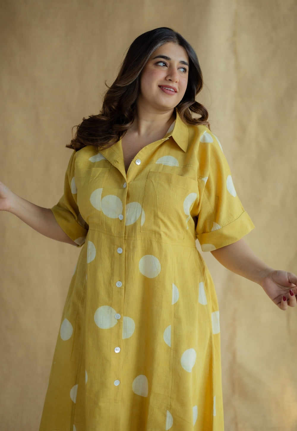Falak Mustard Hand Block Print Slub Cotton A Line Dress