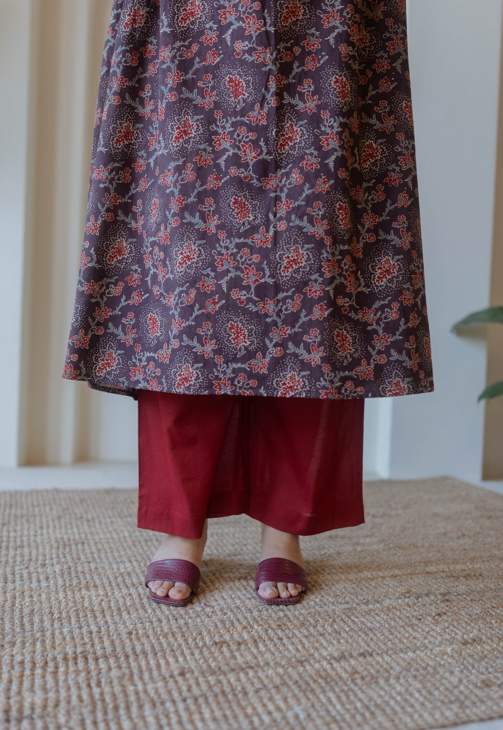 Yami Red Solid Slub Cotton Palazzo