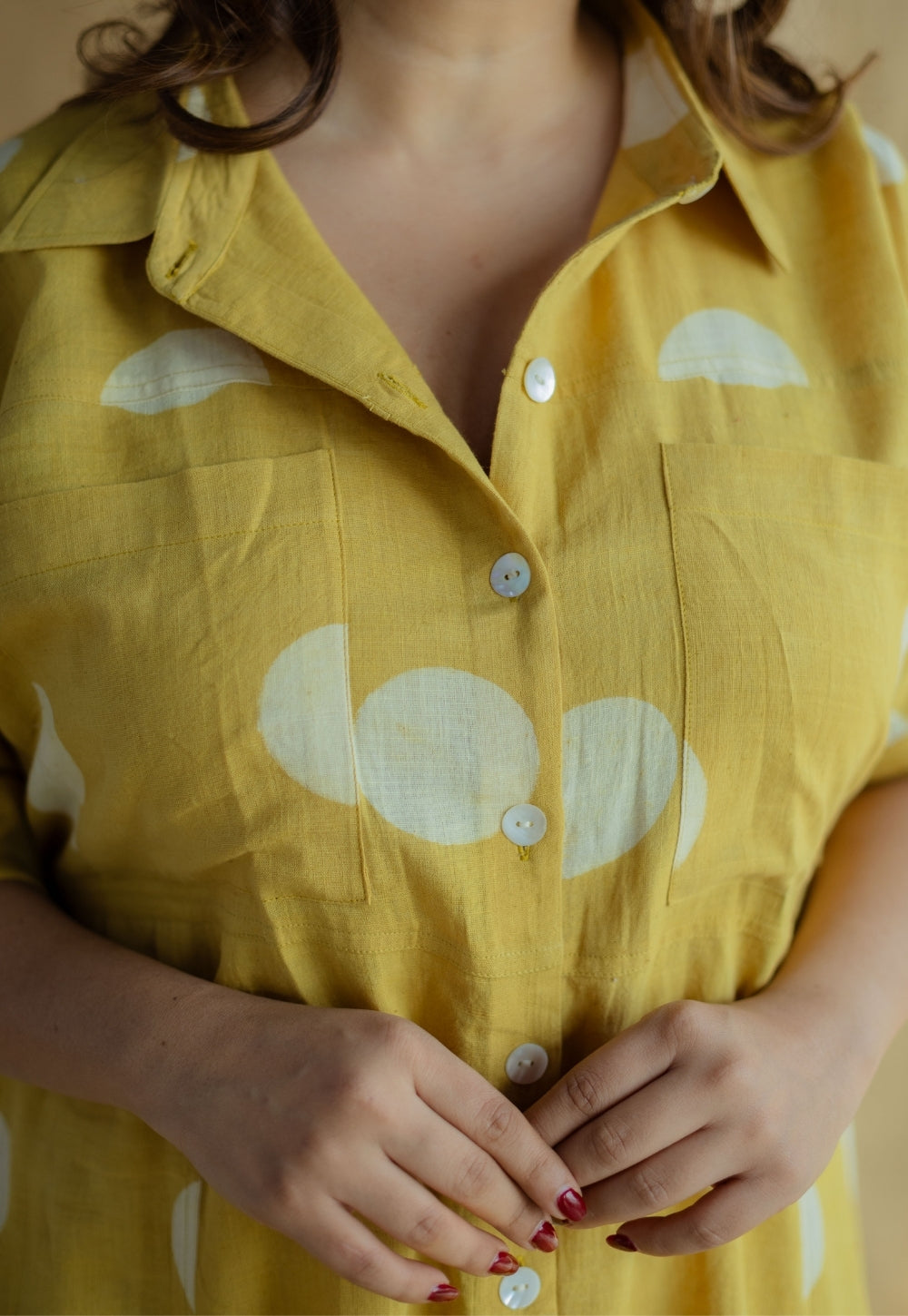 Falak Mustard Hand Block Print Slub Cotton A Line Dress