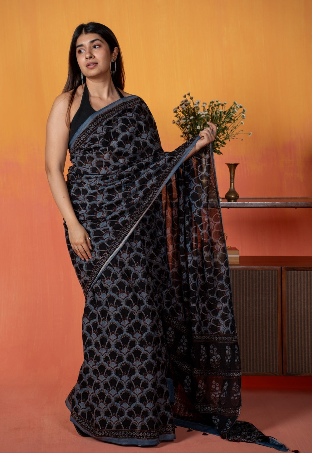Black Clamshell Ajrakh Hand Block Print Mul Saree