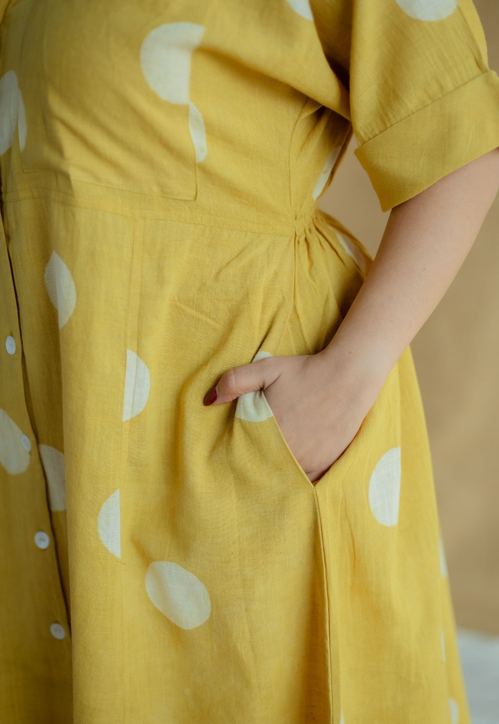 Falak Mustard Hand Block Print Slub Cotton A Line Dress