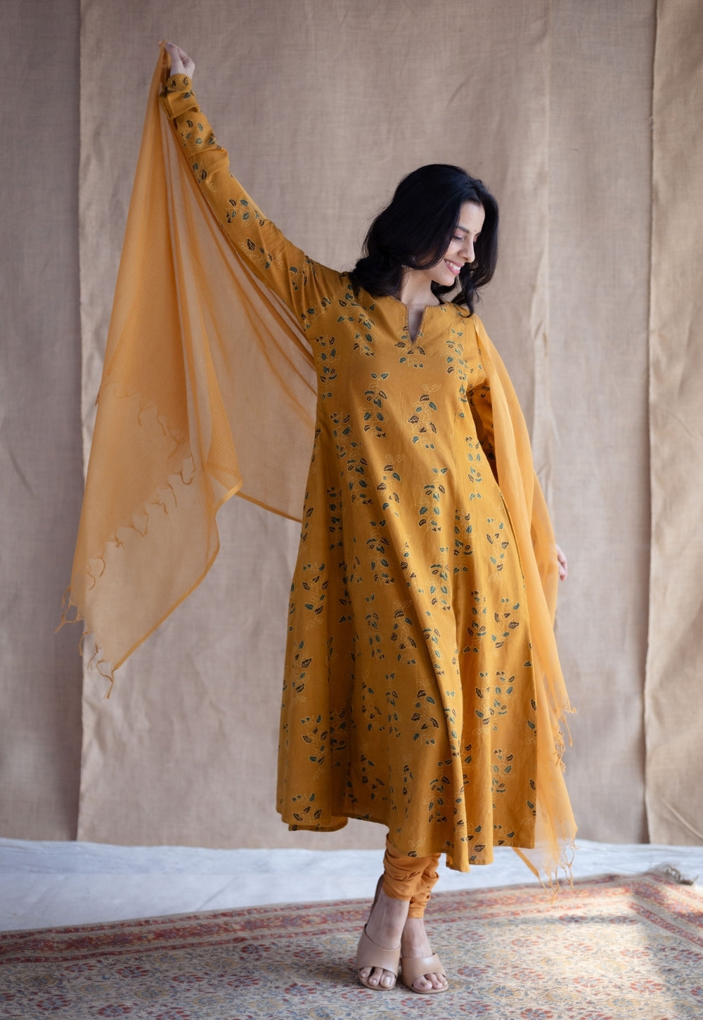 Shinat Mustard Ajrakh Cotton Kali Kurta with Hand Embroidery