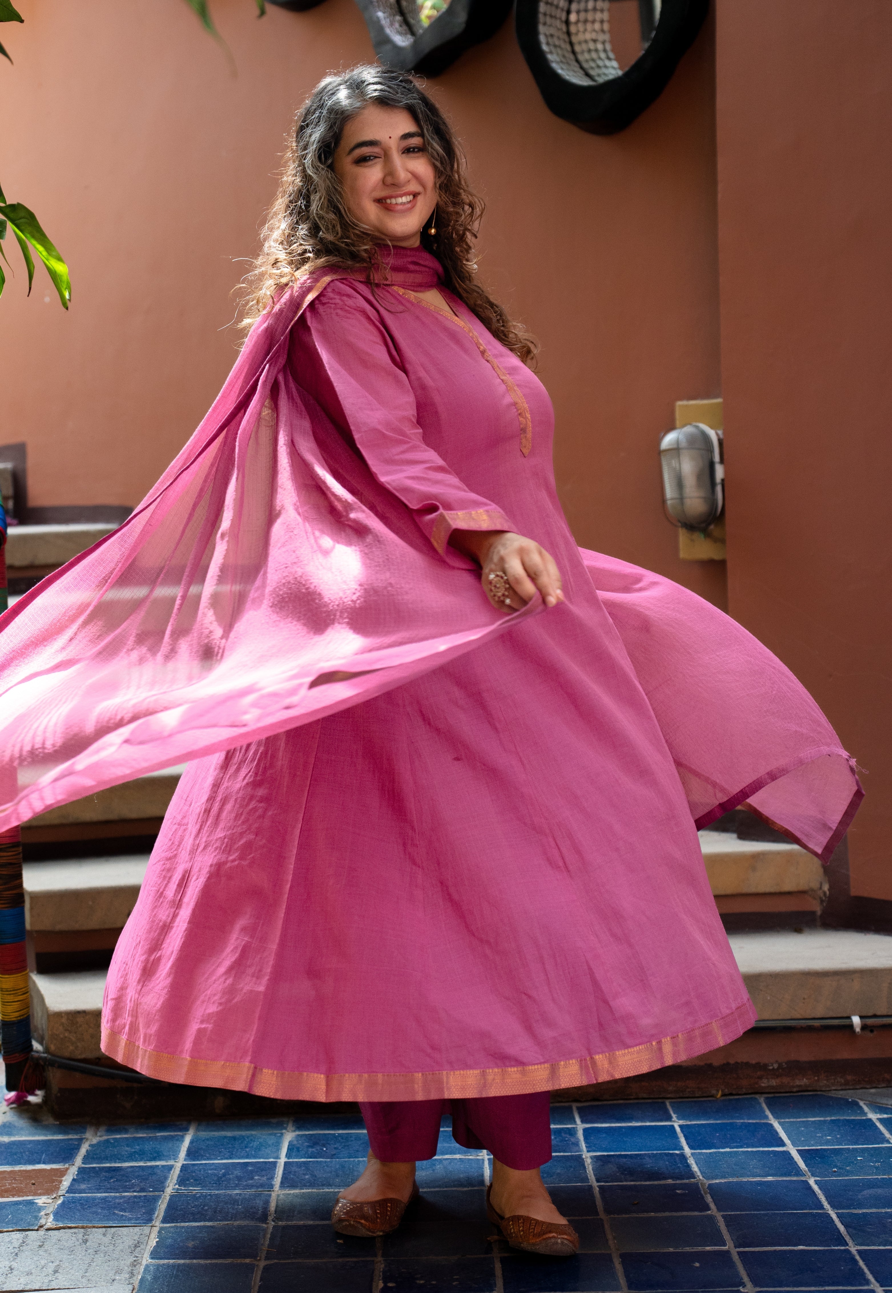 Mulberry Pink Solid Kota Doria Cotton Dupatta with Mangalgiri Border