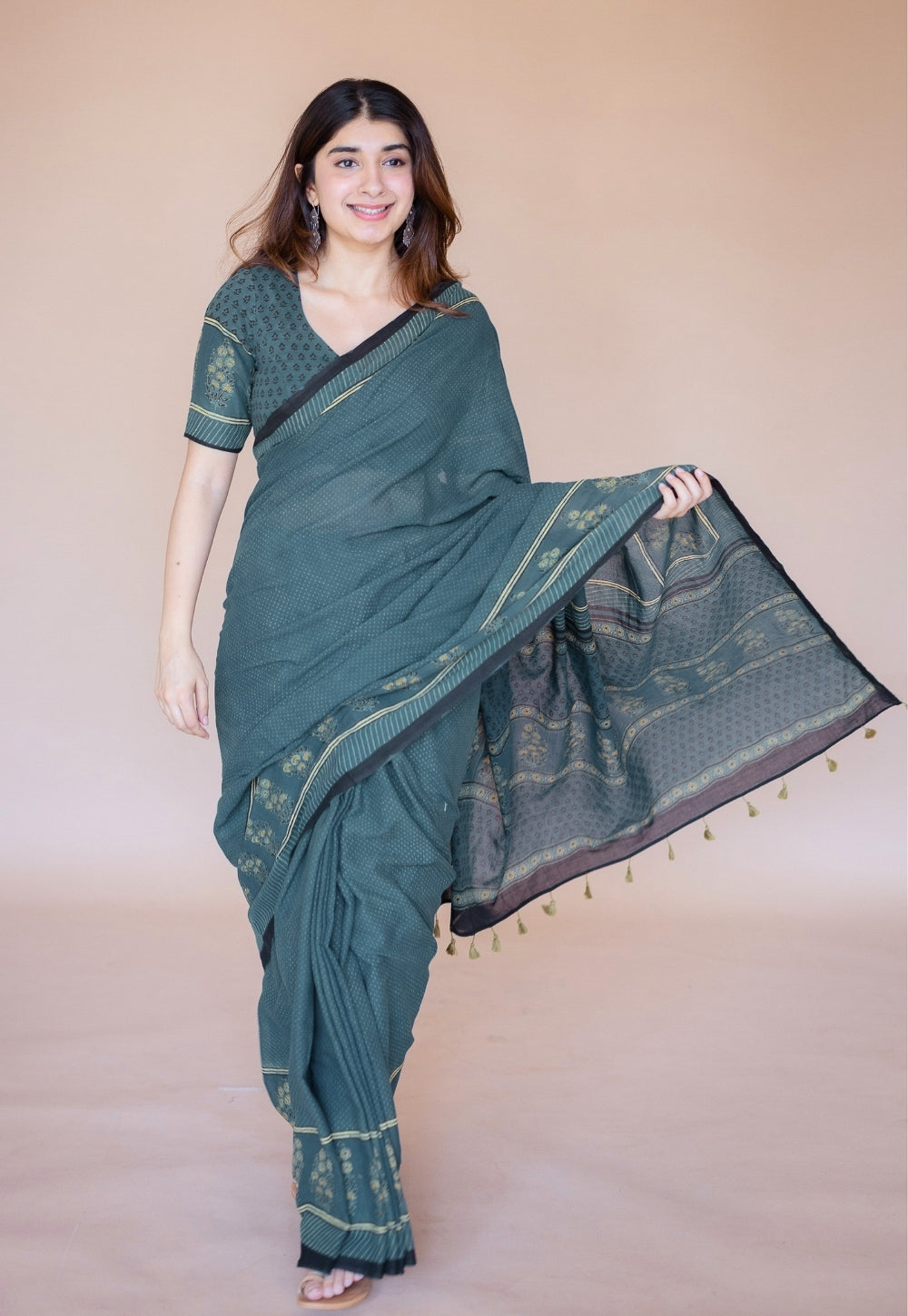 Green Floral Ajrakh Hand Block Print Mul Saree