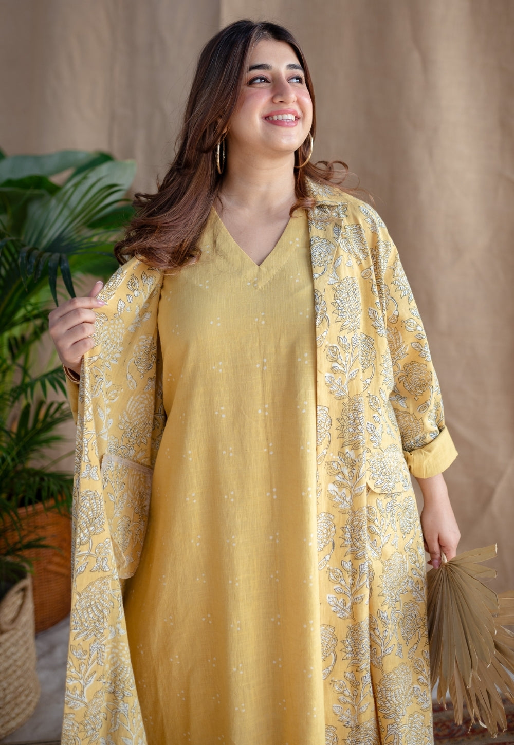Mariam Yellow A Line Dabu Slub Cotton Dress