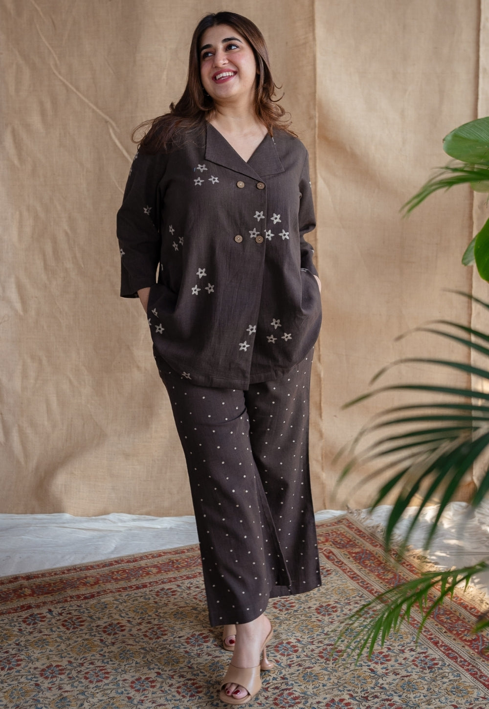 Samita Charcoal Straight Dabu Slub Cotton Co-ord Set (Set of 2)