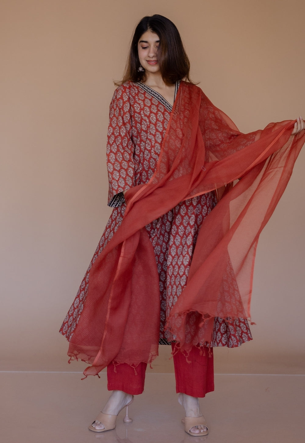 Sarah Red Bagru Cotton Kali Suit Set (Set of 3)
