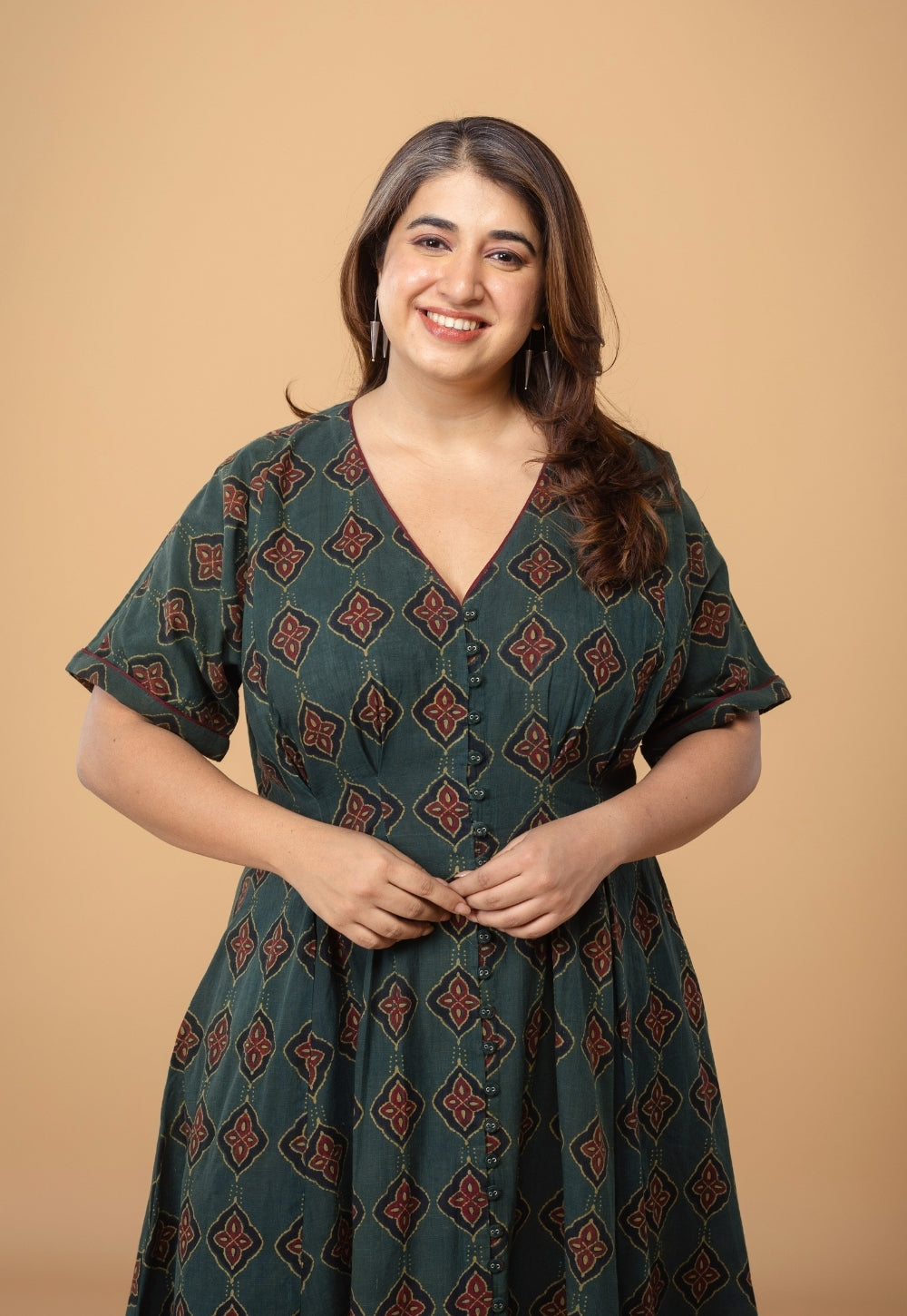 Reema Green Dabu Slub Cotton A Line Dress
