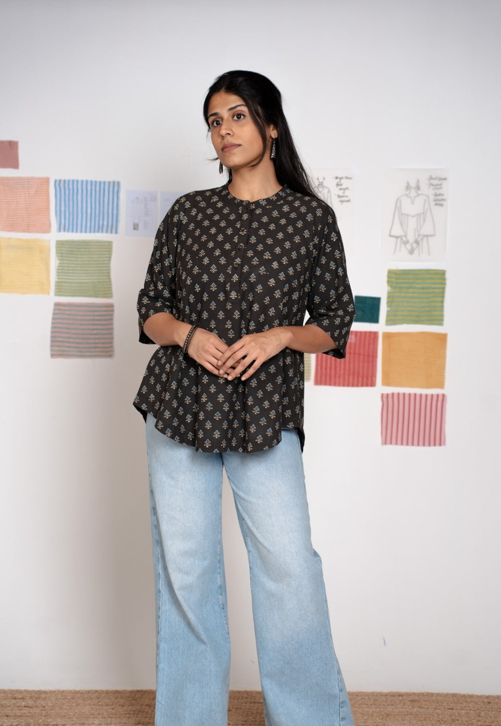 Ruby Black Ajrakh Cotton A Line Short Top