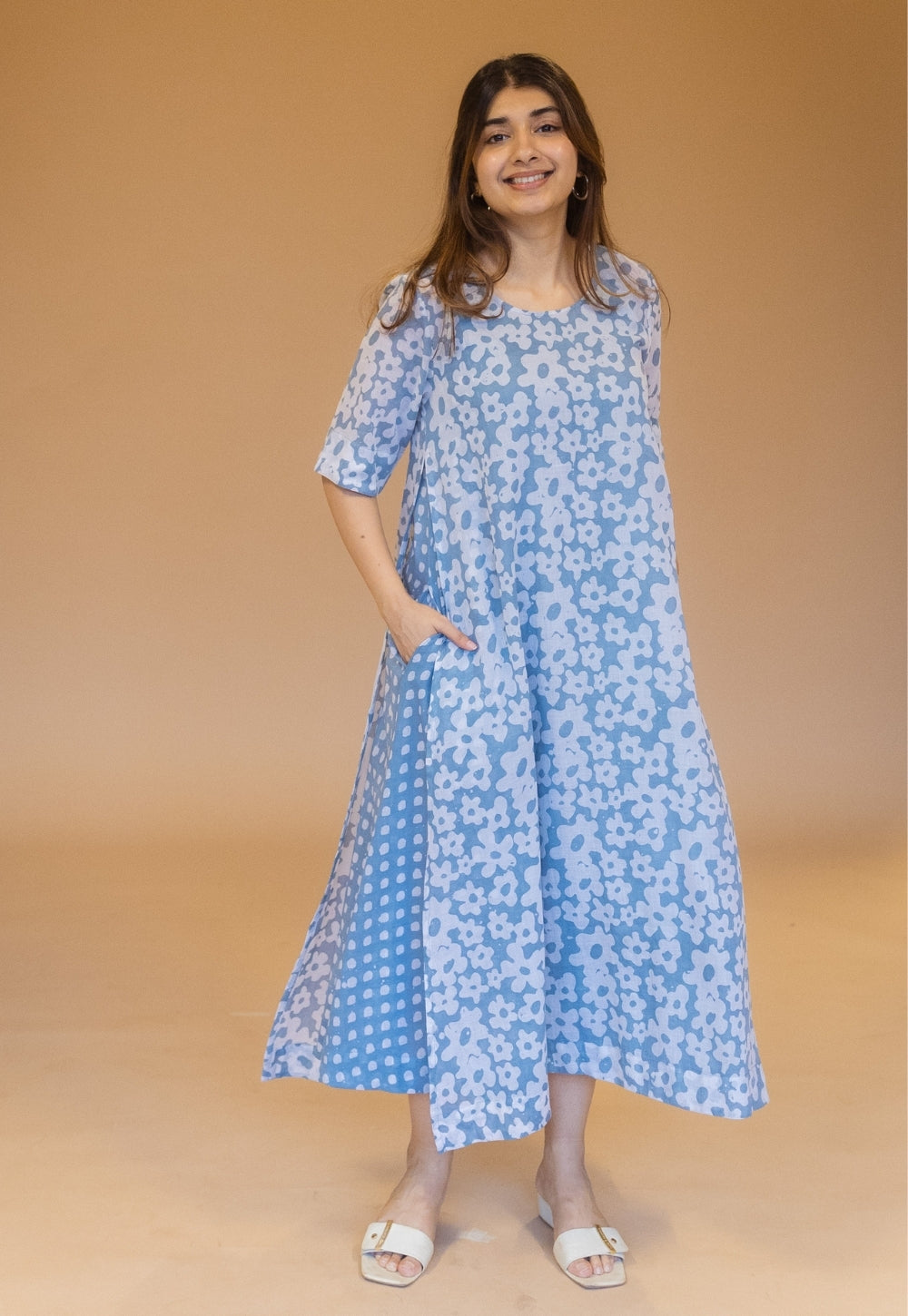Suhana Blue Batik MulMul A Line Dress with Slip