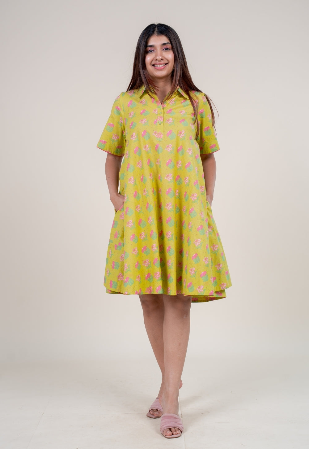 Srisha Lime Green Printed Cotton A Line Dress