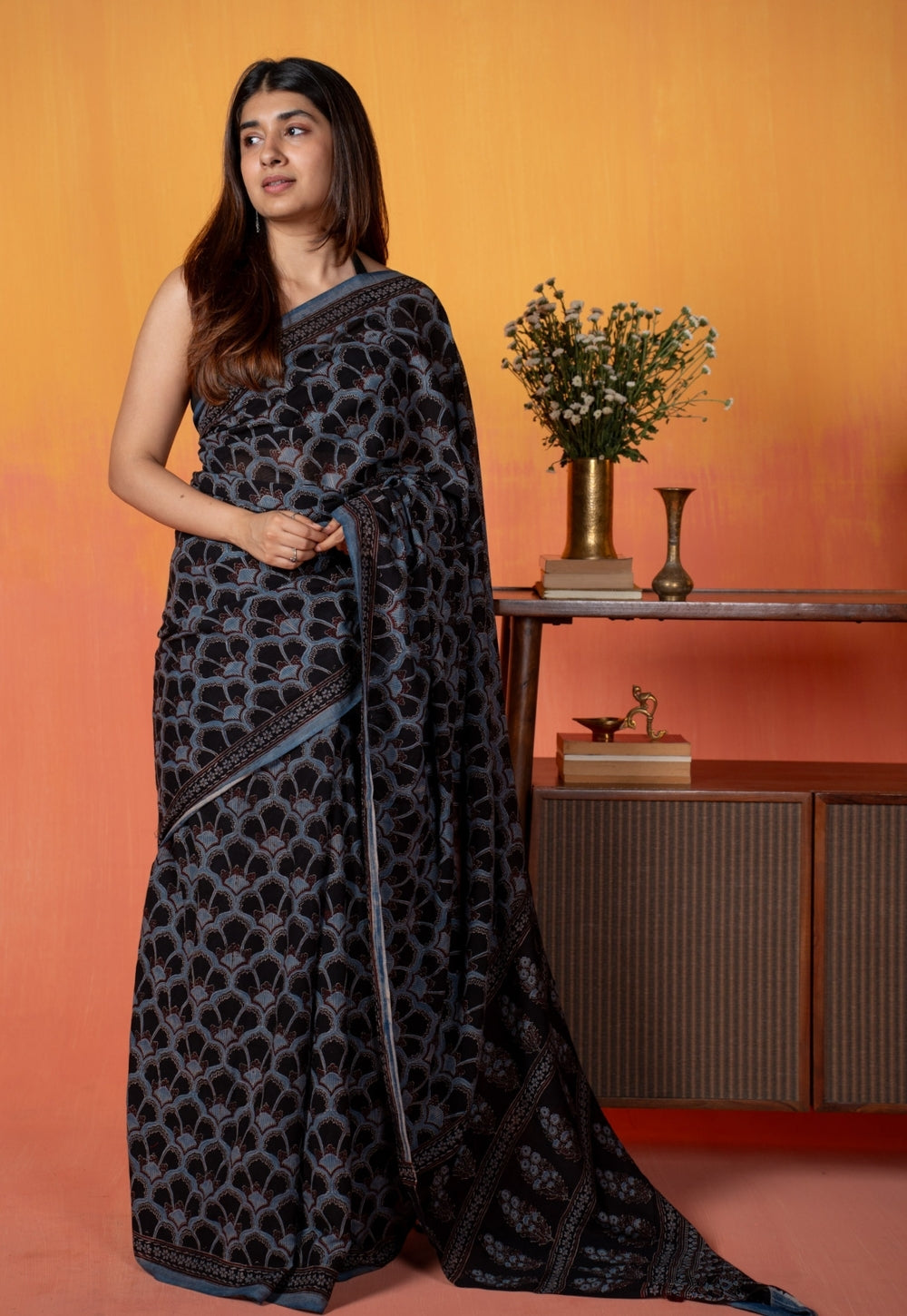 Black Clamshell Ajrakh Hand Block Print Mul Saree