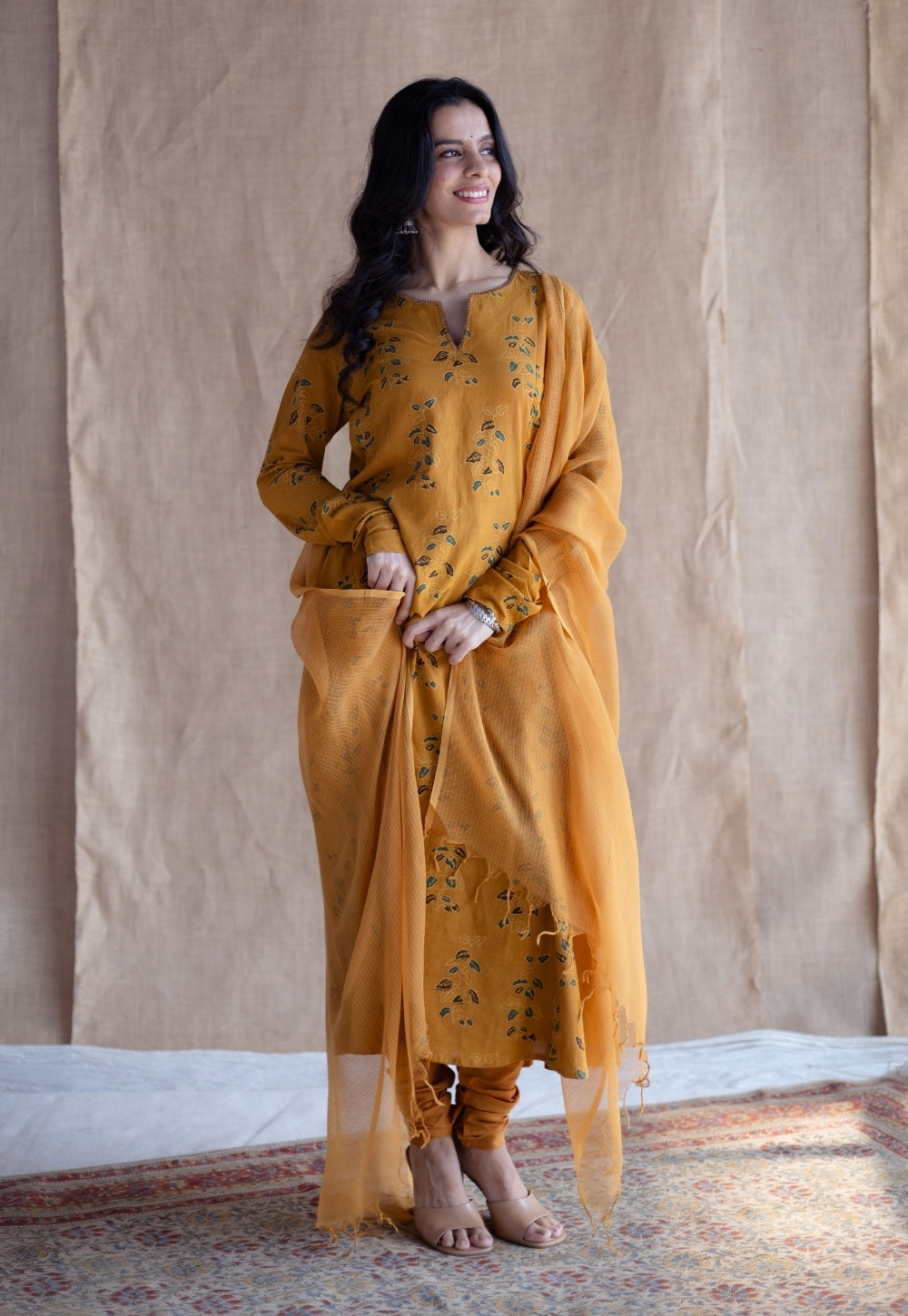 Shinat Mustard Ajrakh Cotton Kali Kurta with Hand Embroidery