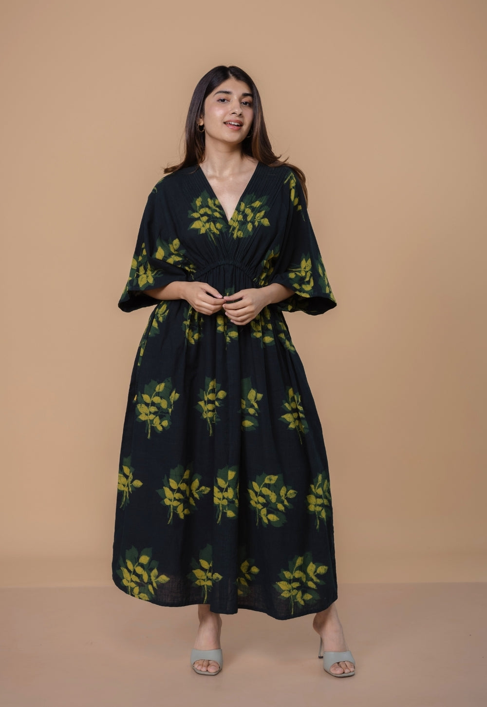 Jiana Green Dabu Slub Cotton Kaftan Dress